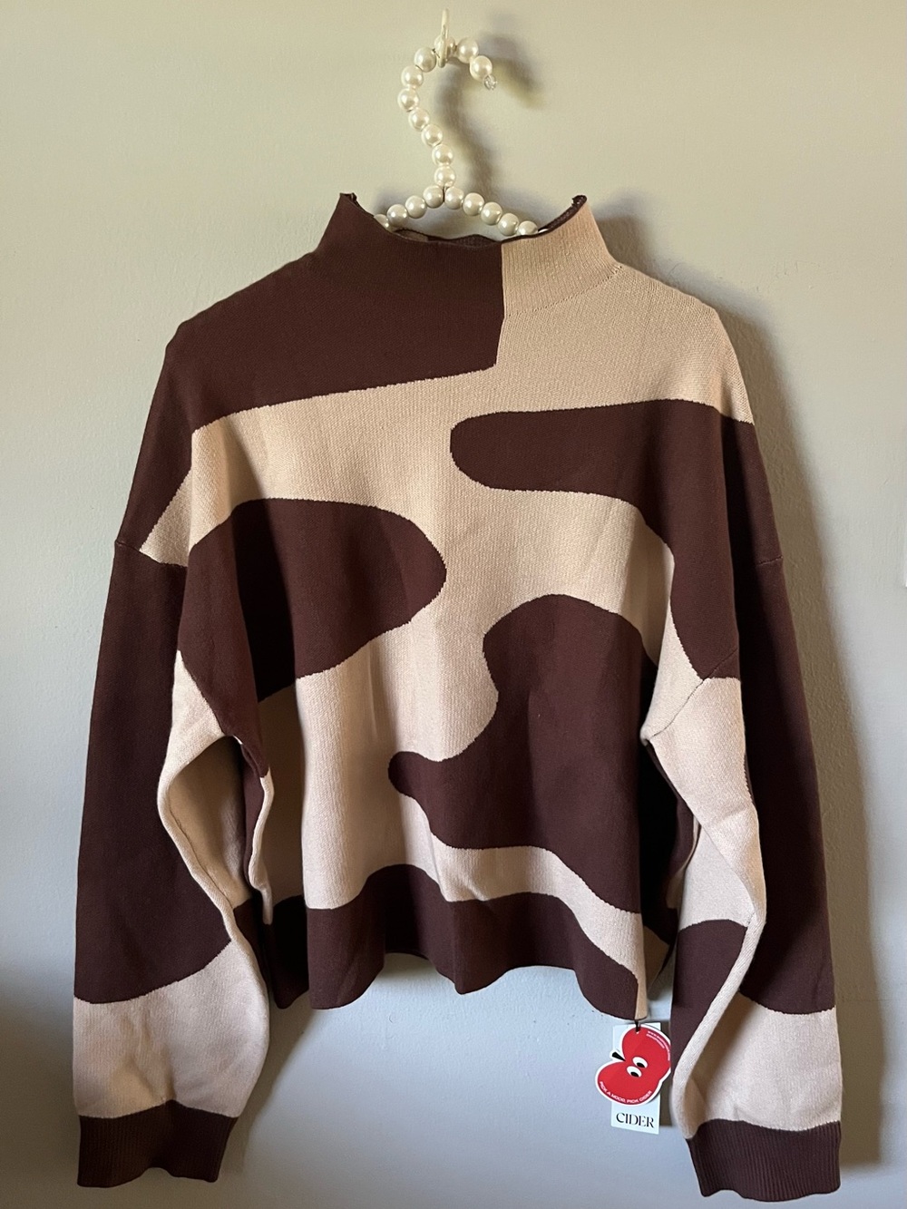 Cider Women's Brown & Cream Abstract Pattern Mock Neck Sweater